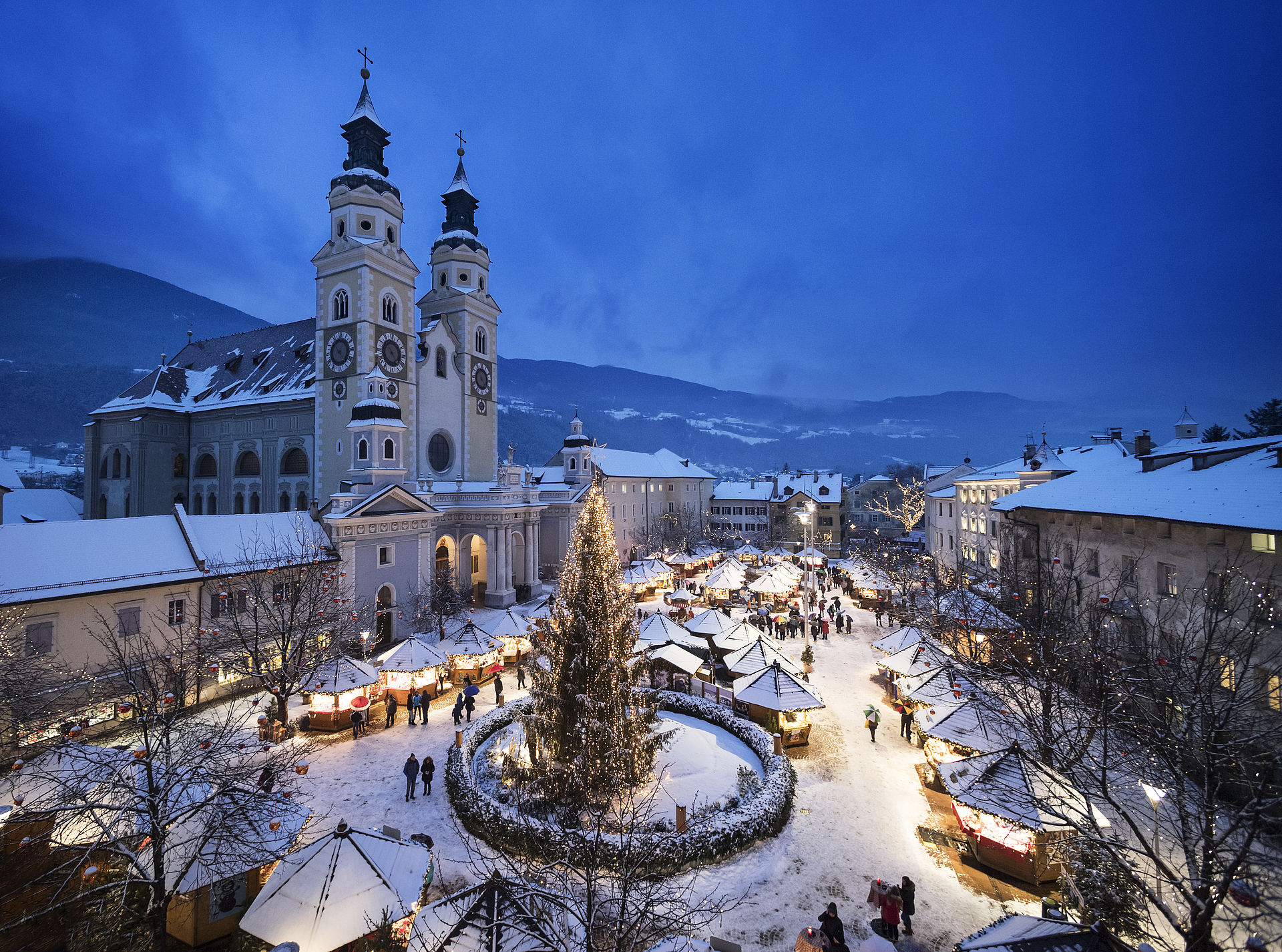 The cathedral square of Brixen in winter in the evening mood